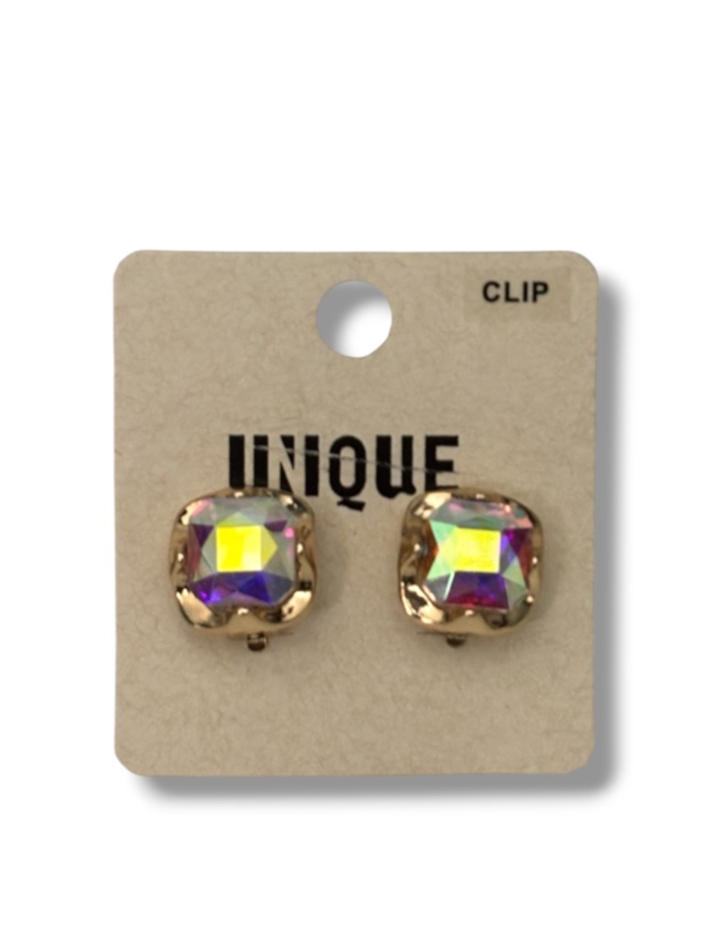 Unique Gold-Tone Clip-On Earrings with Iridescent Multi-Color Gems